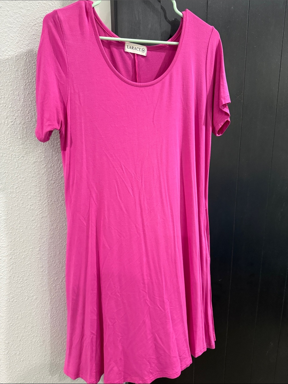 Larace Bright Pink Scoop Neck Short Sleeve Tunic Dress